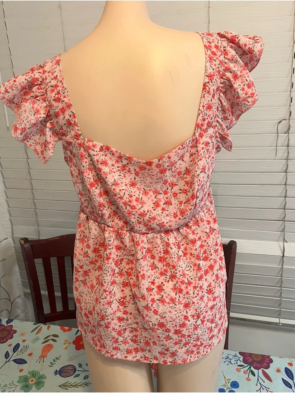 Floral Pink Puff-Sleeve Square-Neck Women's Top